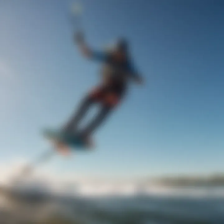 Kiteboarder riding the waves under a clear blue sky