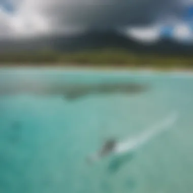 Aerial view of kitesurfers gliding over crystal clear waters in Mokuleia Hawaii