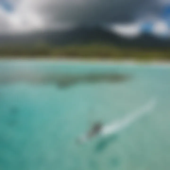 Aerial view of kitesurfers gliding over crystal clear waters in Mokuleia Hawaii