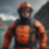 Detailed view of the Mustang Survival drysuit showcasing its advanced material technology