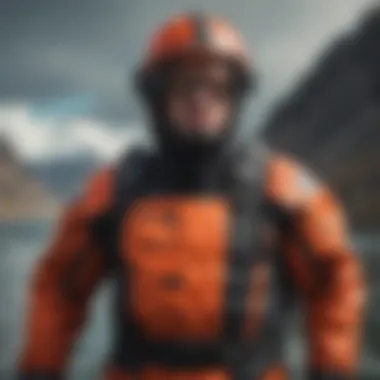 Detailed view of the Mustang Survival drysuit showcasing its advanced material technology