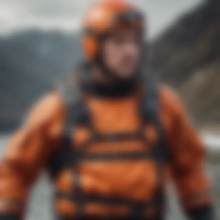 Close-up of the safety features integrated into the Mustang Survival drysuit