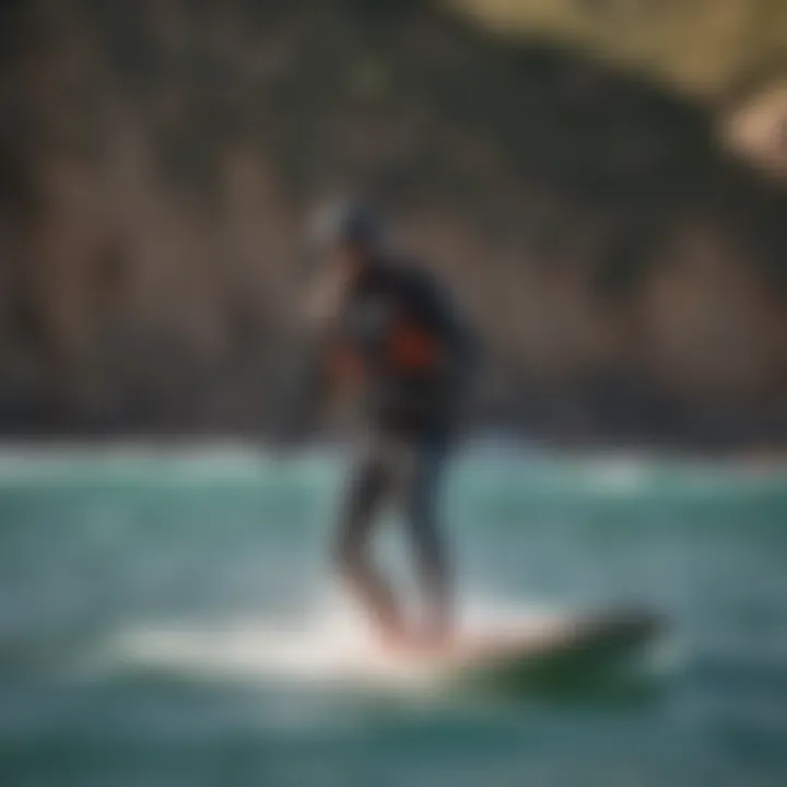 An instructor teaching kitesurfing techniques in a beautiful coastal setting