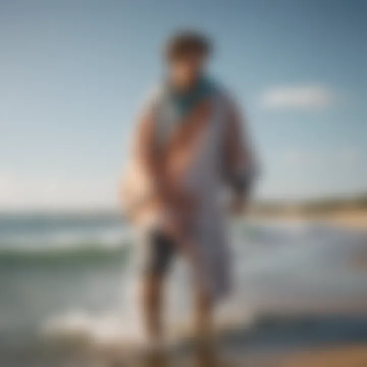 A kitesurfer wearing a Mystic towel poncho post-session, illustrating its practical use.