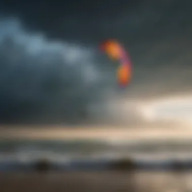 A colorful kite soaring against a backdrop of storm clouds