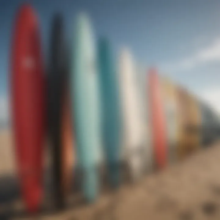 A collection of surfboards of various sizes and styles, highlighting equipment diversity for surf lessons.