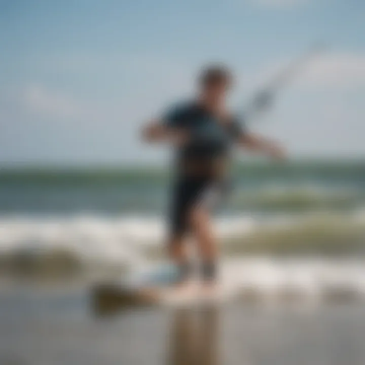 An experienced instructor demonstrating surf techniques on the shoreline to eager learners.