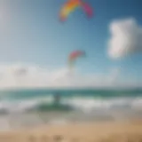 A vibrant kitesurfing scene showcasing various surfing kites in action against a sunny backdrop.