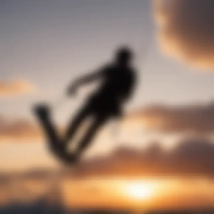 Sunset silhouette of a kitesurfer performing intricate maneuvers against a dramatic sky