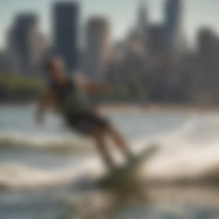 Kiteboarder gracefully riding the waves under the NYC sun