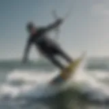 Kitesurfer riding the waves in cold weather