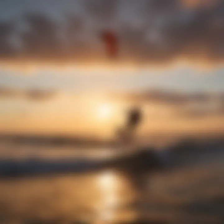 Panoramic shot of kitesurfers against a sunset sky