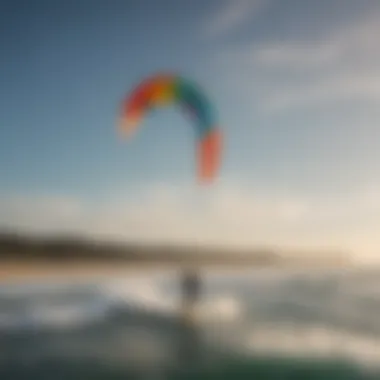 Panoramic shot of kiteboarding enthusiast gliding smoothly with low wind kite