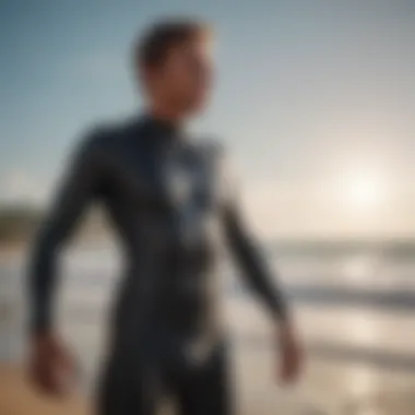 Surfer trying on wetsuit for fit