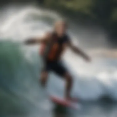 Surfer catching a wave while wearing an impact vest