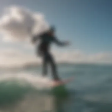 Kitesurfer riding a pocket foil board on a calm sea