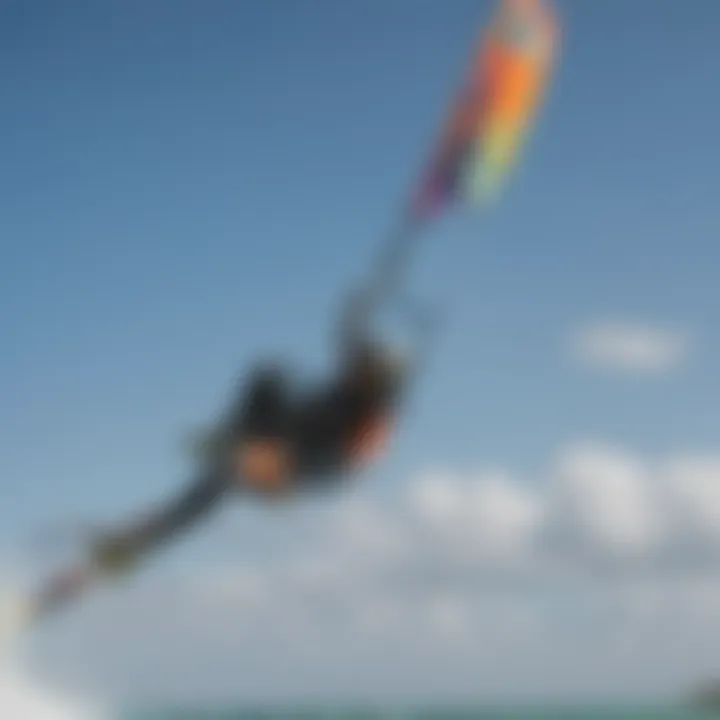 Close-up of kiteboarder executing a stylish trick with colorful kite in the background