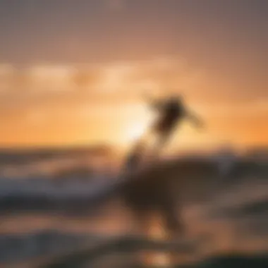 Panoramic shot of kiteboarder riding waves with breathtaking sunset in the backdrop