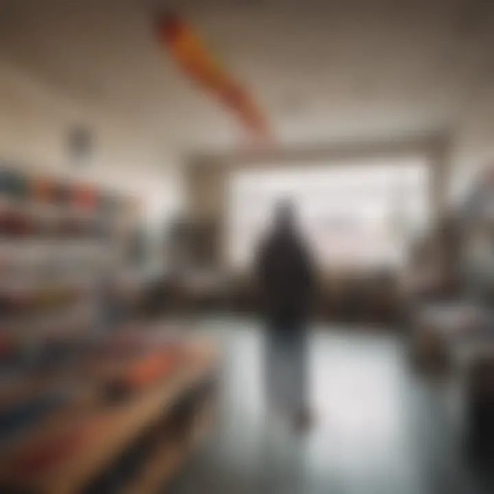 A person evaluating kites at a shop