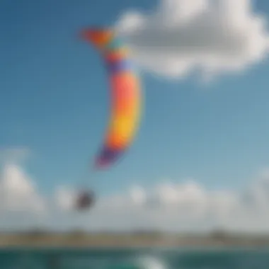 Colorful kiteboarding kites soaring against a clear blue sky