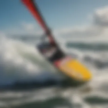 Close-up of a high-performance kiteboarding board slicing through waves