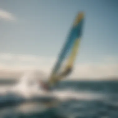 Hydrofoil windsurfer gracefully gliding above the water surface