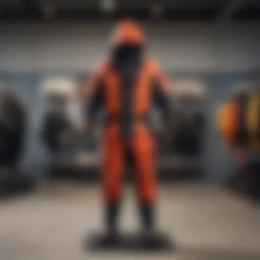 Elegant sailing drysuit on mannequin against a nautical backdrop