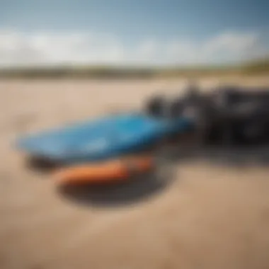 Kitesurfing equipment laid out on the sandy beach of Sandbridge