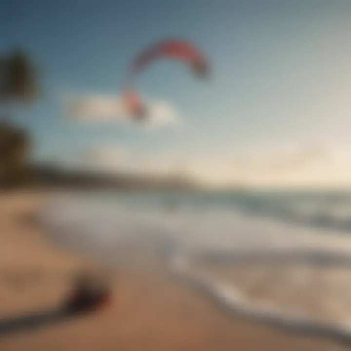 Kiteboarding setup on the beach with suitable wind conditions