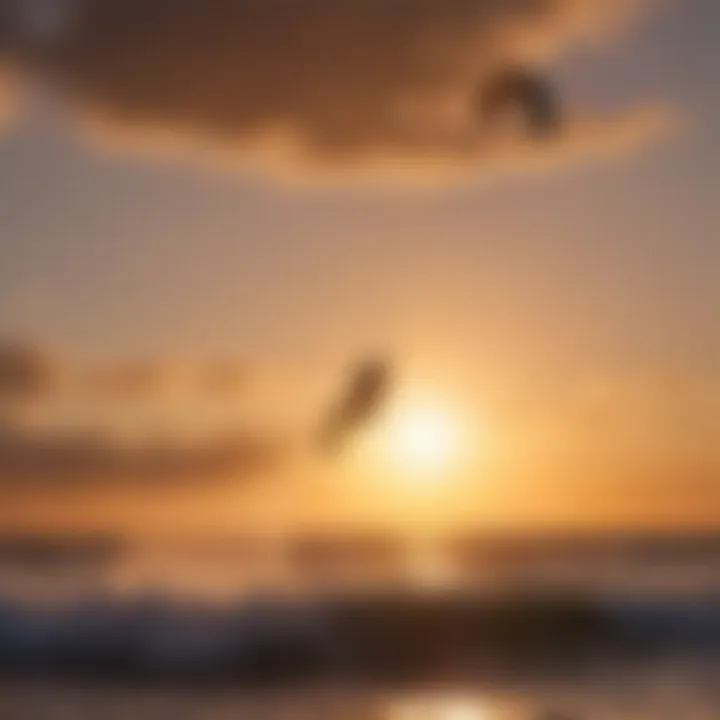 Silhouette of kitesurfer performing tricks with shorts harness at sunset