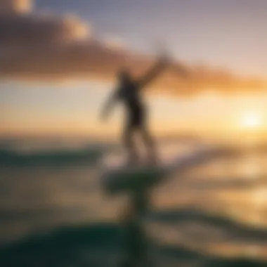 A skilled kitesurfer gracefully riding a fanatic wing foil board against a stunning sunset backdrop