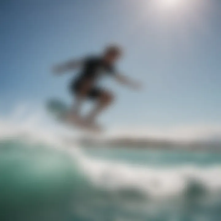 Skimboarder catching air while performing a stylish trick