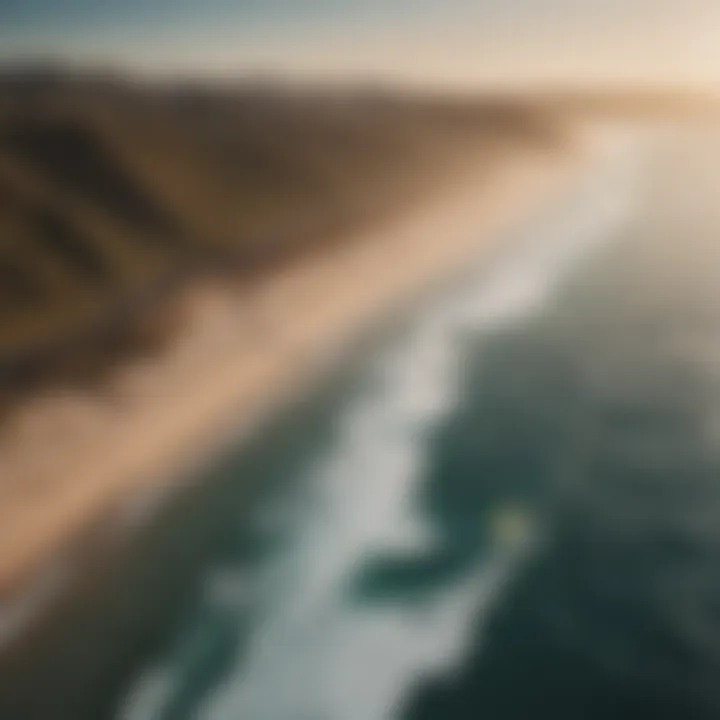 Spectacular aerial view of a coastline with kitesurfers utilizing training kites