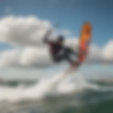 A dynamic shot capturing the speed and agility of a kitesurfer maneuvering through the wind