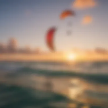 Sunset view of colorful kitesurfing sails against the horizon