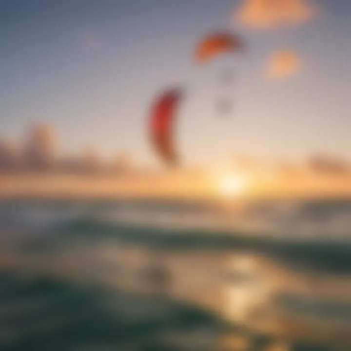 Sunset view of colorful kitesurfing sails against the horizon