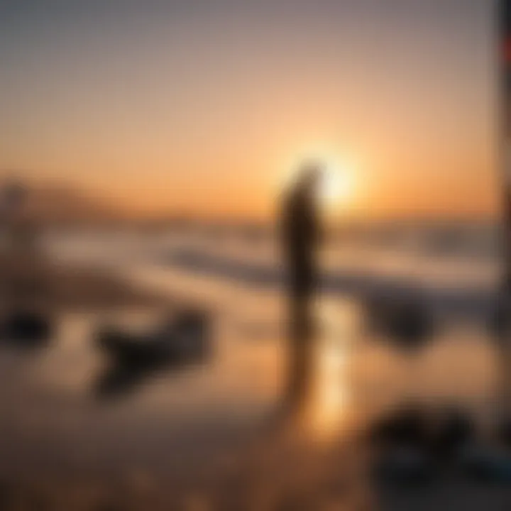 Silhouette of a person inspecting second-hand kiteboarding equipment against the sunset