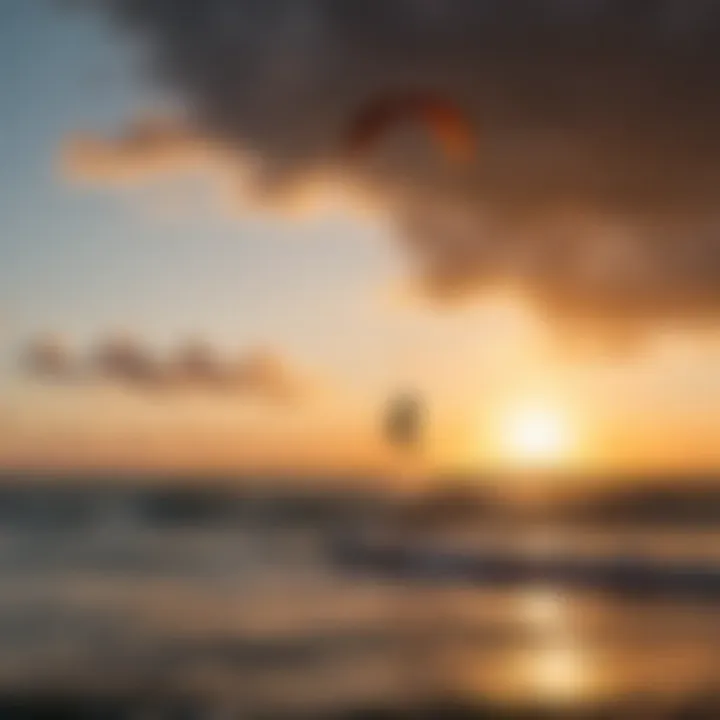 Sunset silhouette of a kite surfer riding the waves in Miami