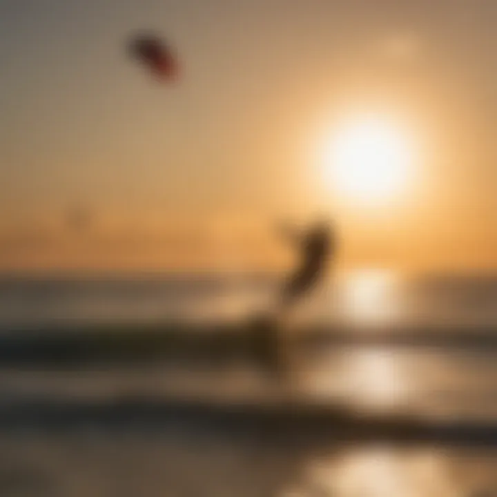 Sunset silhouette of a kitesurfer against the ocean