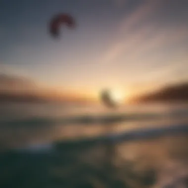 Dramatic sunset silhouette of kitesurfer using GoPro kite mount