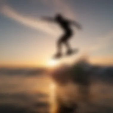 Silhouette of SUP skater executing a complex trick at sunset