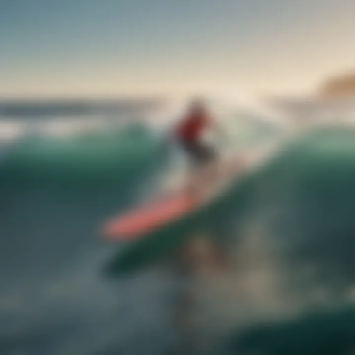 An aerial view of a surfer riding a surf foil board with precision and skill