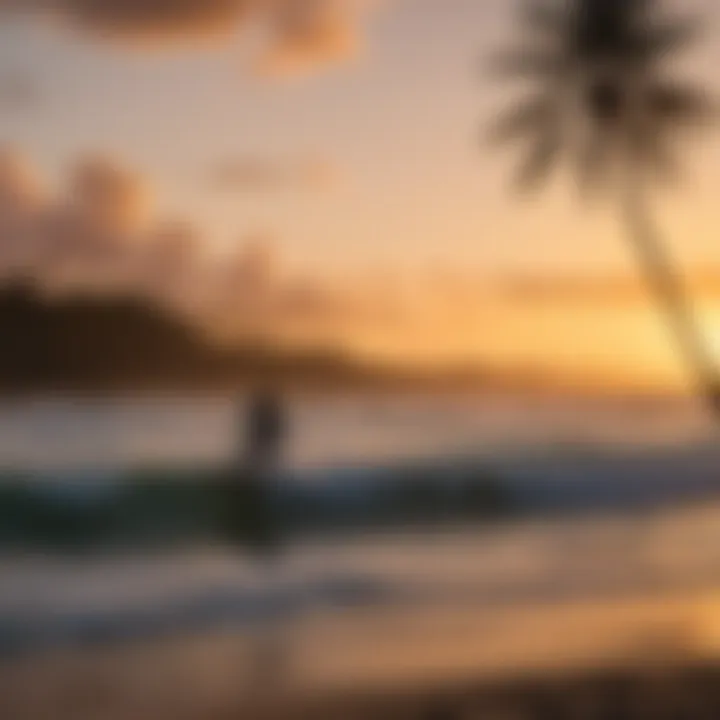 A stunning view of Cabarete beach at sunset with surfers riding waves.