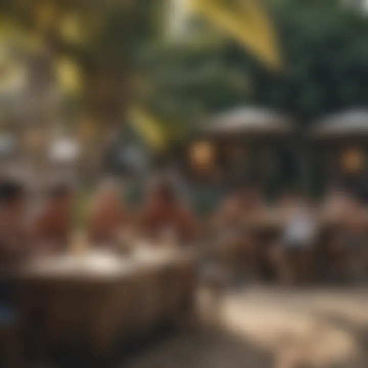 A group of surfers gathered around sharing stories and experiences at a beach bar.