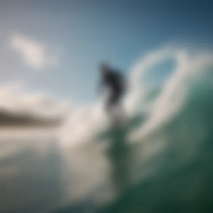 A kitesurfer riding a swell board in dynamic ocean waves.