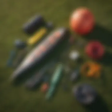 An assortment of kite inflation equipment laid out on a grassy field