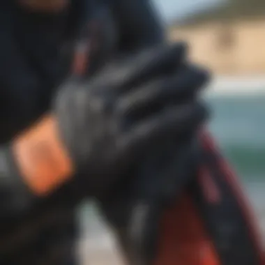 Close-up of glove features such as grip and insulation