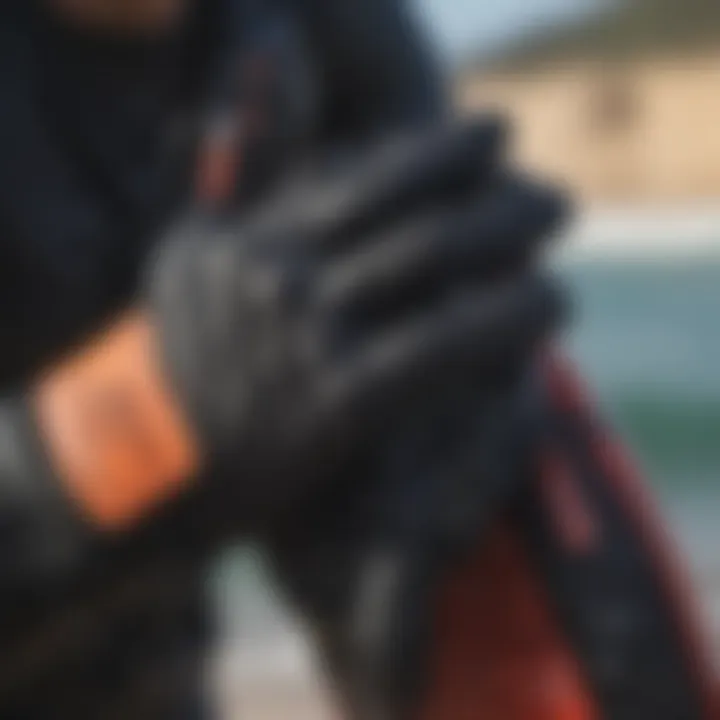 Close-up of glove features such as grip and insulation