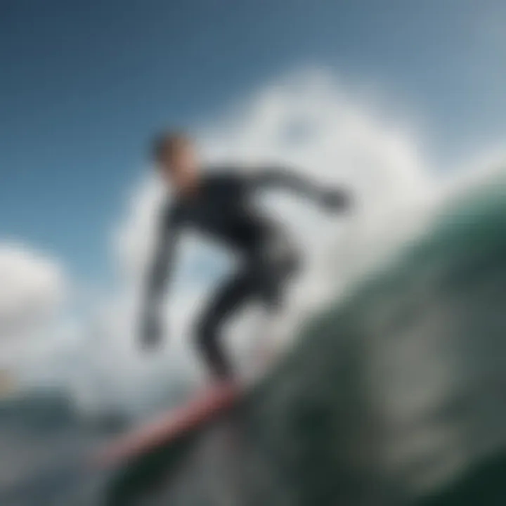 Surfer wearing gloves in action on a wave