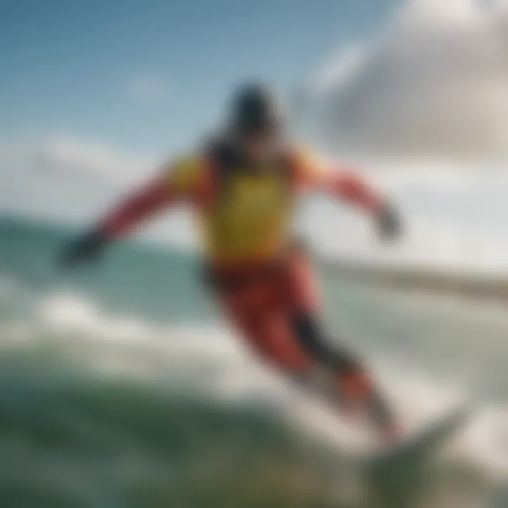 Kitesurfers in action wearing colourful wetsuits on the water